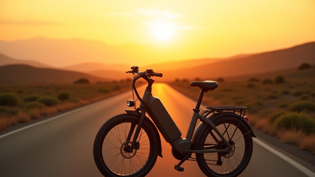 Electric bike charging with a scenic background, symbolizing extended range